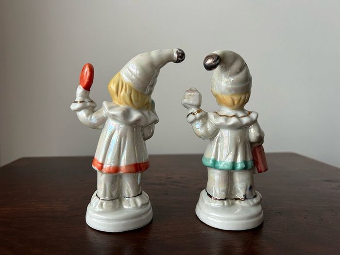 Vintage Porcelain Clown Figurines Harlequin Boy and Girl Hand Painted Ceramic Mid-Century