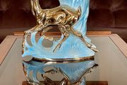 Porcelain Centerpiece Vase Sesto Fiorentino Fior Deer Iridescent Blue and Gold 1950s