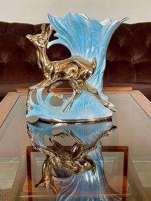 Porcelain Centerpiece Vase Sesto Fiorentino Fior Deer Iridescent Blue and Gold 1950s