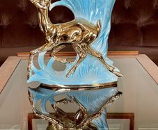 Porcelain Centerpiece Vase Sesto Fiorentino Fior Deer Iridescent Blue and Gold 1950s