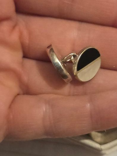 Vintage 925 Sterling Silver Mother of Pearl and Onyx Face Cufflinks with Chain Link