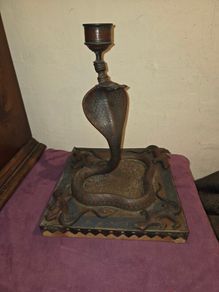 Antique Indian Enameled King Cobra and Lizards Candle Holder