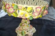 Antique German Porcelain Compote, likely from the Von Schierholz or Carl Thieme factory in Dresden, featuring hand-painted and encrusted floral decorations featuring intricate reticulated pierced basketwork and raised, hand applied flowers., postage avail