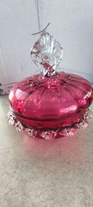 Antique Art Glass Cranberry Red Ruffled Lidded Candy Dish