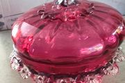 Antique Art Glass Cranberry Red Ruffled Lidded Candy Dish