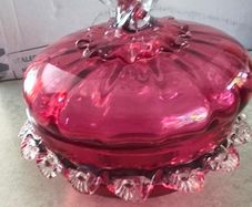 Antique Art Glass Cranberry Red Ruffled Lidded Candy Dish