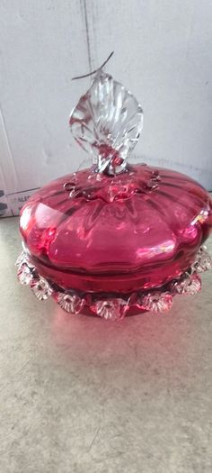 Antique Art Glass Cranberry Red Ruffled Lidded Candy Dish
