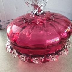 Antique Art Glass Cranberry Red Ruffled Lidded Candy Dish