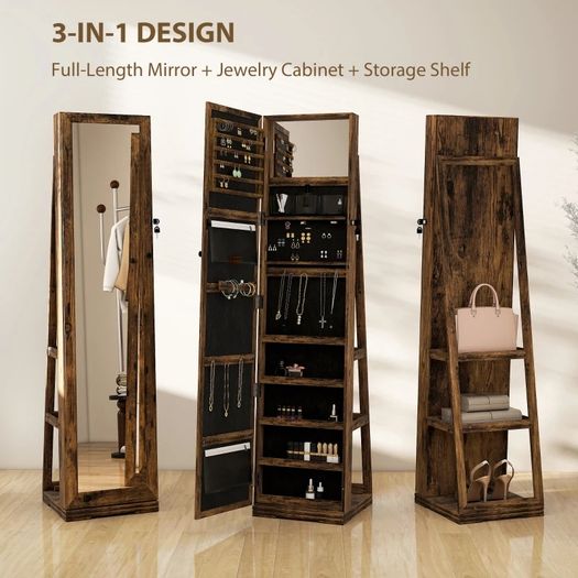 360 Swivel Jewellery Cabinet, Free Standing Full Length Mirror with Storage, Lockable Jewellery Organiser with Built-in Makeup Mirror and Storage Shelves for Bedroom, Rustic Brown