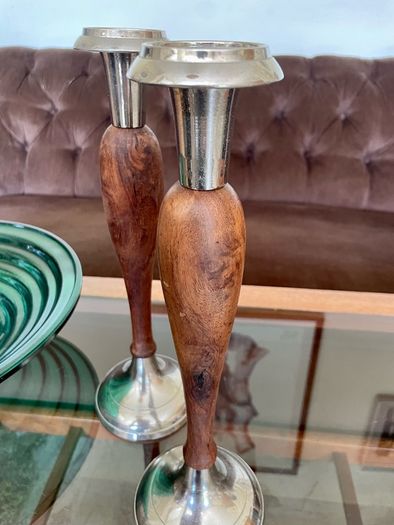 Vintage Tall Pair of Silver Metal and Wooden Candlestick Holders