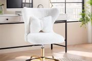 Vanity Chair with Gold Wheels &amp; Bow Pillow, Fluffy Desk Chairs for Home Office &amp; Bedroom, Height Adjustable&amp; Easy to Assemble,White