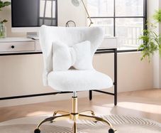Vanity Chair with Gold Wheels & Bow Pillow, Fluffy Desk Chairs for Home Office & Bedroom, Height Adjustable& Easy to Assemble,White