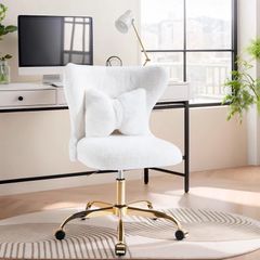 Vanity Chair with Gold Wheels & Bow Pillow, Fluffy Desk Chairs for Home Office & Bedroom, Height Adjustable& Easy to Assemble,White
