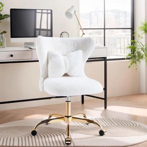 Vanity Chair with Gold Wheels & Bow Pillow, Fluffy Desk Chairs for Home Office & Bedroom, Height Adjustable& Easy to Assemble,White