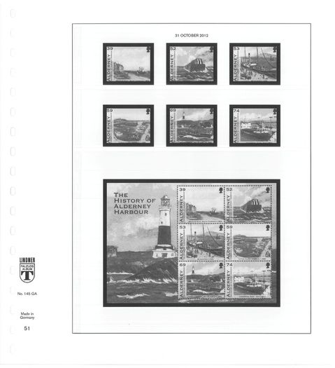 2012 & 13 Alderney Lindner-T Illustrated 18-ring hingeless album pages. Pages 49-56. These are new and have never been used. 8 pages