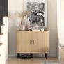 Mid-Century Modern Sideboard Storage Cabinet with Slatted Tambour Sliding Doors, Kitchen Cabinet with Steel Legs, Oak Tone Image 7
