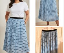 Midaxi polka dot baby blue skirt chic casual summer floaty holiday pleated