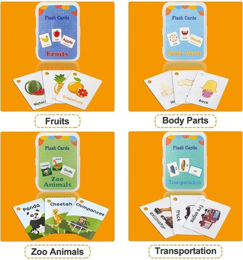 Flash Cards for Toddlers Educational Flash Cards 4 Pack Preschool Learning Flash Cards with Animals, Fruits, Transportation, Body Parts Waterproof Baby Flashcards for 2-6 Year Olds