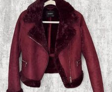 Pull&Bear Size S Burgundy Faux Suede Shearling Aviator Jacket Fur Lined Biker Coat