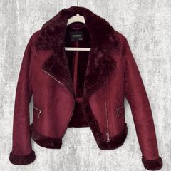 Pull&Bear Size S Burgundy Faux Suede Shearling Aviator Jacket Fur Lined Biker Coat