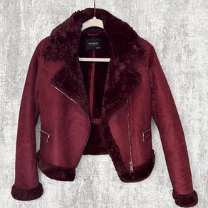 Pull&Bear Size S Burgundy Faux Suede Shearling Aviator Jacket Fur Lined Biker Coat