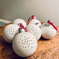 Set of 6 Nordic White Ceramic Christmas Baubles Illuminated Christmas Decorations