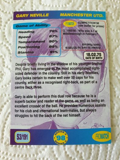 Gary Phil Neville Manchester United Football Trading Card 1998 to 1999