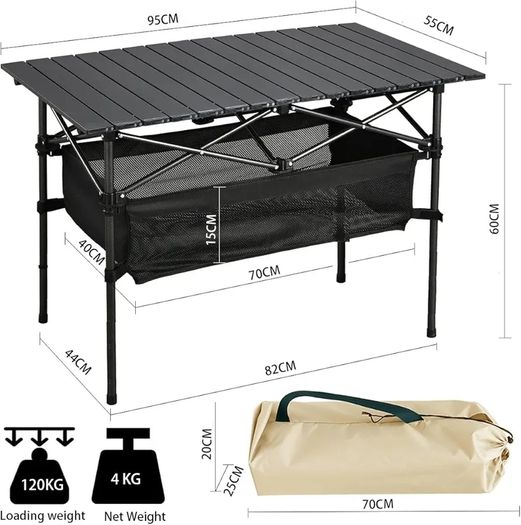 Camping Table, Alloy Steel Roll-up Picnic Table with Large Storage and Carrying Bag for Outdoor Picnic, Camping, BBQ, Party, Backyard, Beach (table/95x55x60cm)
