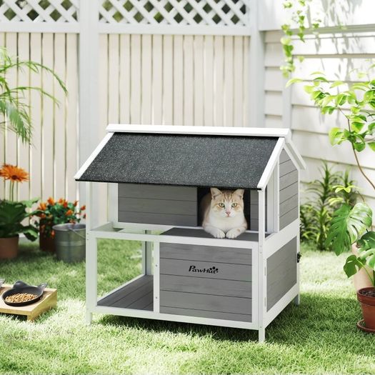 Outdoor Cat House, Outdoor Cat Shelter, Waterproof, Folding Roof, Spruce Wood, 80 x 93 x 95, Gray