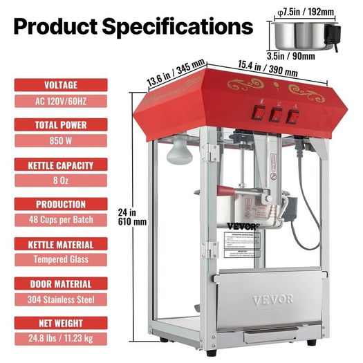 Popcorn Maker 8 Oz Kettle Makes 48 Cups per Batch