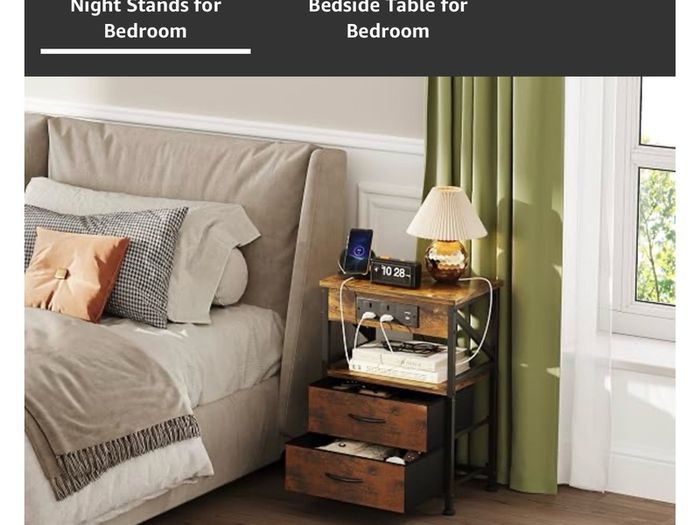 2 PCS Bedside Table with Power Strip, Bedside Cabinet with 2 Drawers, Bed Side Table for Bedroom, Night Stand, 2 AC Outlets, & 2 USB Ports, Side Table with Metal Frame, Rustic Brown