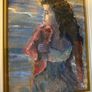 painting This is an atmospheric portrait depicting a woman standing on a coastal shore at dusk or twilight, clutching a reddish-pink wrap or cardigan around her shoulders. Image 3
