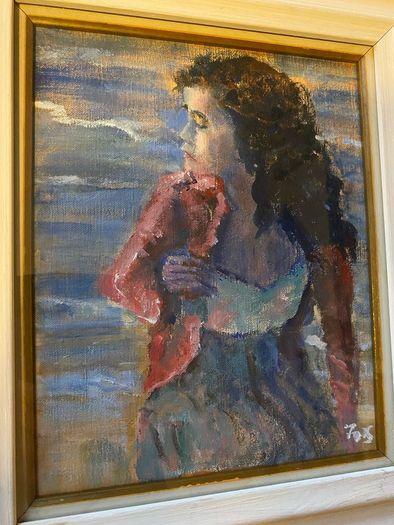 painting This is an atmospheric portrait depicting a woman standing on a coastal shore at dusk or twilight, clutching a reddish-pink wrap or cardigan around her shoulders.