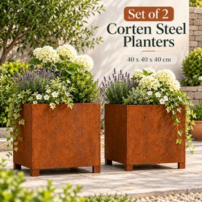 Set of 2 Corten Steel Planters with Legs 40 x 40 x 40 cm