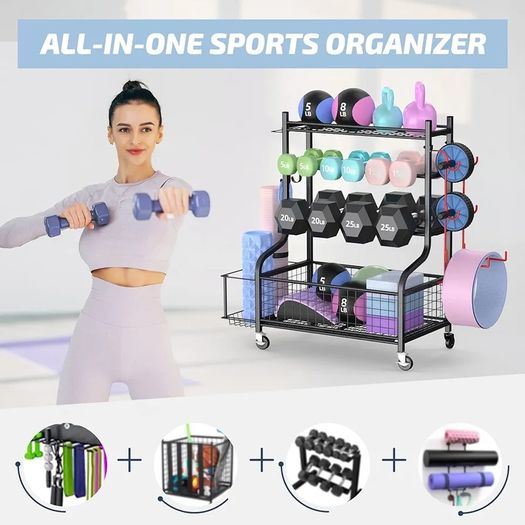 Dumbbell Rack Stand, Multifunctional Weight Rack for Dumbbells, Yoga Mat, Fascia Roller, Kettlebell and Yoga Block, Powder-Coated Steel Dumbbell Stand with Wheels and Hooks