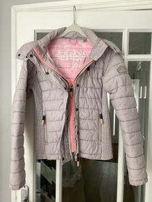 Ladies Superdry Grey Jacket with pink lining. Size Small