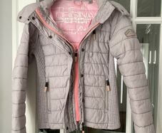 Ladies Superdry Grey Jacket with pink lining. Size Small