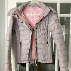 Ladies Superdry Grey Jacket with pink lining. Size Small