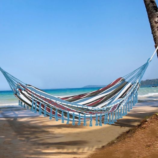 Cotton Hammock Portable w/ Carrying Bag Brazilian Fringe Deluxe Swing Chair for Beach, Yard, Bedroom, Patio, Porch, Indoor, Outdoor