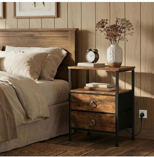 Bedside Table with Charging Station, Side Table with 2 USB Ports and Outlet