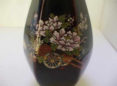 SALE! Vintage Oriental Black Vase with Gilded Floral decoration, signed