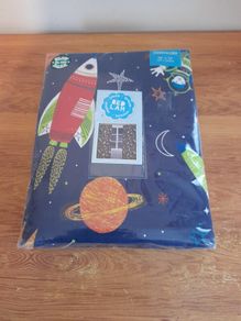 Bedlam Supersonic Rockets Blue Glow in the Dark Curtains 66" x 72" New