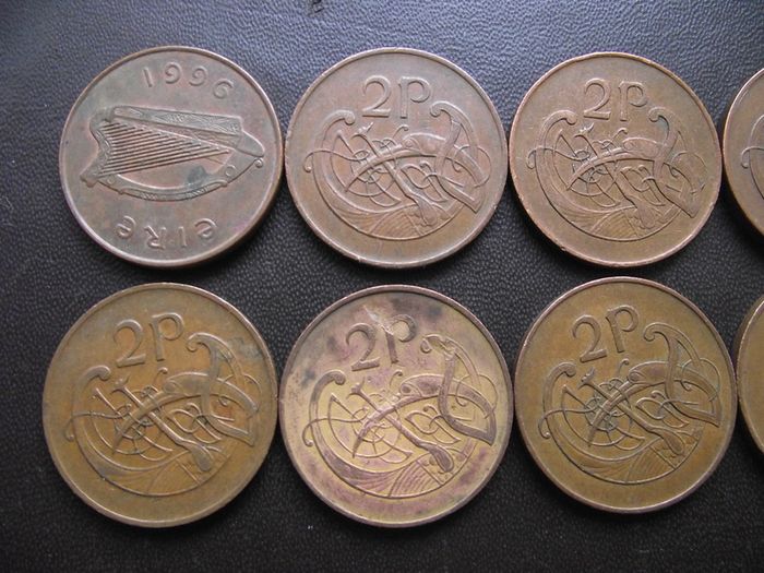 10 Irish 2 pence coins (1971-1996)