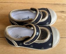 SEED Heritage toddler navy & gold star Mary Jane canvas trainers peach/orange Sunset Glow Sz UK3/EU 19 EUC