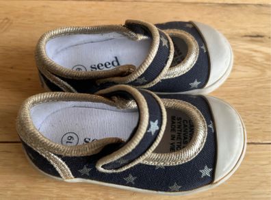 SEED Heritage toddler navy & gold star Mary Jane canvas trainers peach/orange Sunset Glow Sz UK3/EU 19 EUC