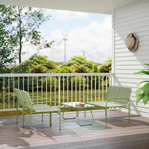 4-Seater Garden Set, 2-Seater Sofa, 2 Chairs, Tempered Glass Table Steel Frame Green