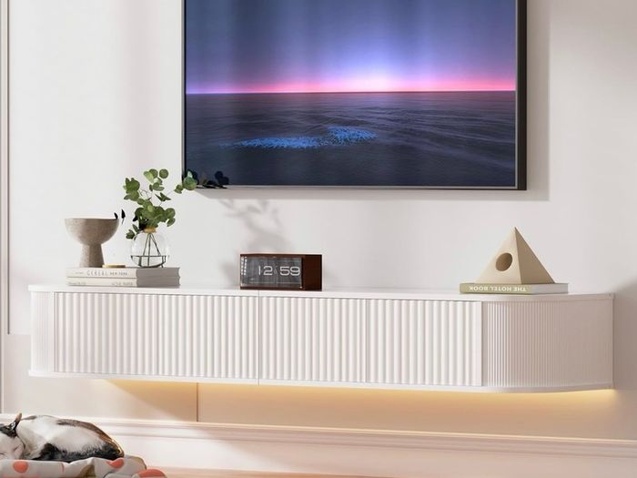 Floating TV Stand Unit with RGB LED Light - 140CM Wall Mounted TV Cabinet with Upgraded Storage & Rounded Edges, Modern TV Media Console for 43-55 Inch TVs