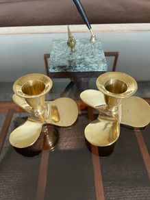 Pair of Vintage Handcrafted Brass Propeller Candle Holders