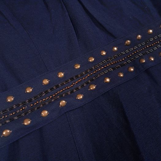Per Una Navy Blue Linen Embellished Scoop Neck Chiffon Flutter Sleeve Midi Dress 14UK/42EU
