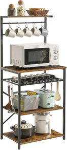 Kitchen Baker's Rack, Microwave Oven Stand with Storage Shelves, Industrial Coffee Bar Station, with Adjustable Wine Holders and S-Hooks, Metal Frame, Rustic Brown